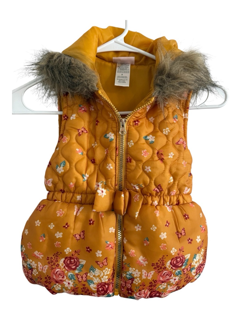 Little Lass Girls Puffer Vest Size 5 Floral Hooded Faux Fur Trim Zip